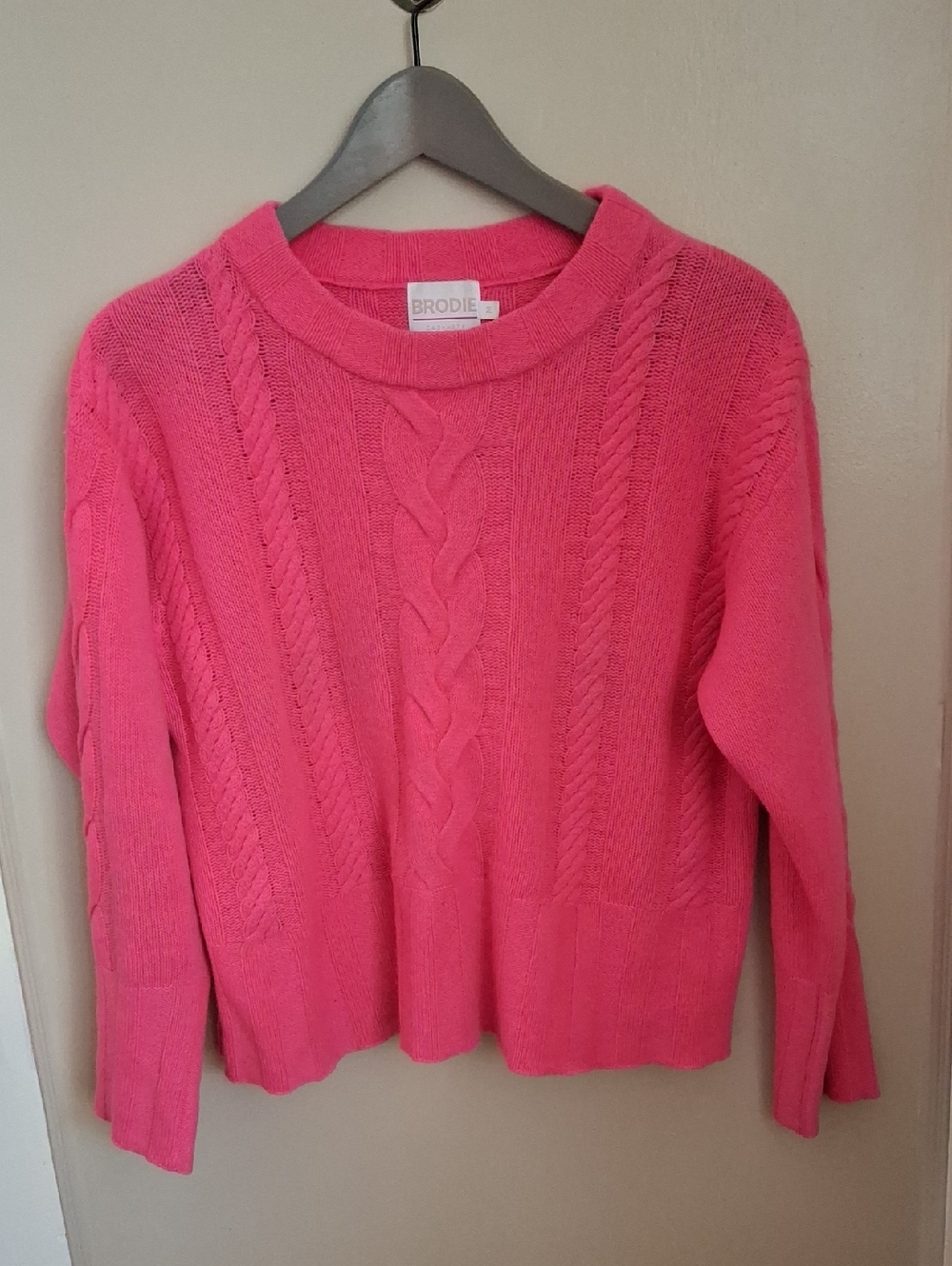 Brodie Cadhmere Bright Pink Cable Knit Sweater_1